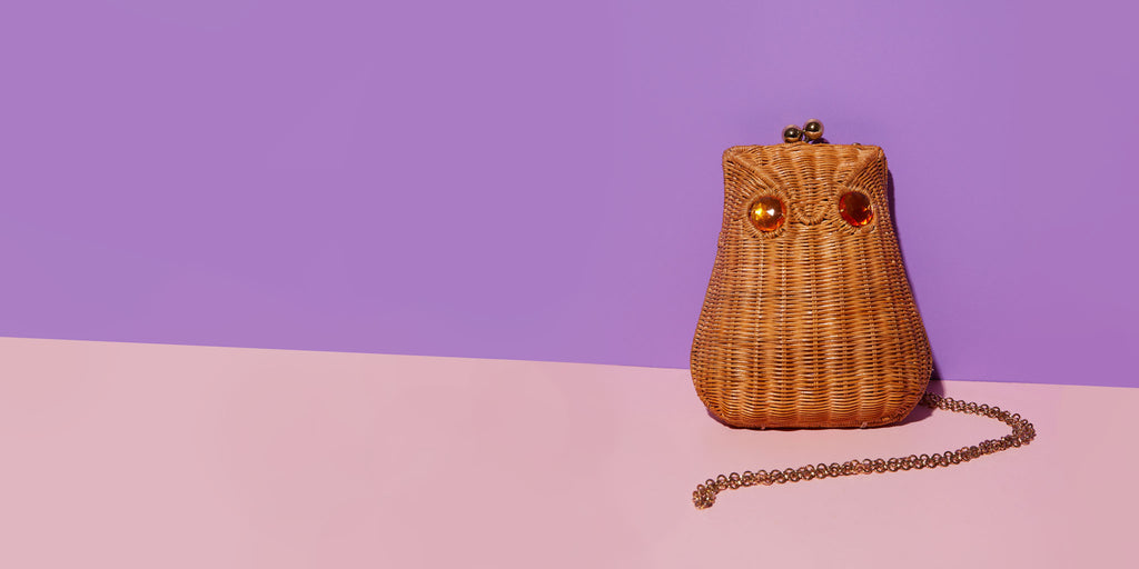 Wicker Darling figural owl clutch bag owl bag sits in a colourful background