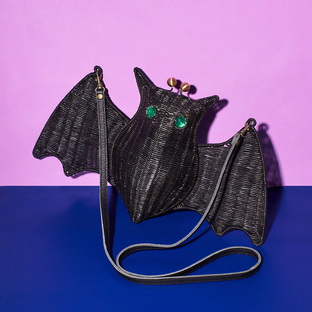 Wicker Darling batholomew bat purse cute bat handbag in a colourful background