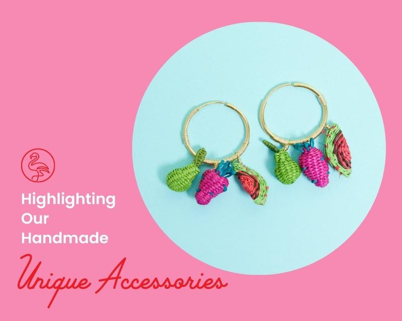 Wicker Darling's fruit salad earrings with on a colourful background with text: Highlighting Our Handmade Unique Accessories
