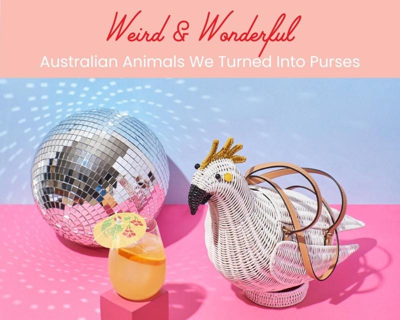 Iva the cockatoo on a colourful background with text "Weird & Wonderful Australian Animals We Turned Into Unique Purses"