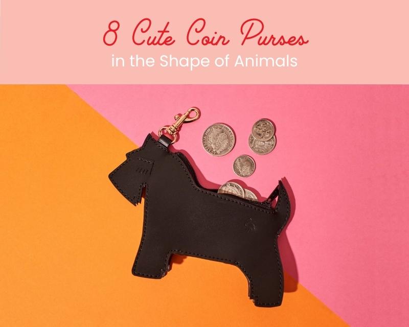 Wicker Darling's dog purse on a colourful background with text: 8 Cute Coin Purses in the Shape of Animals
