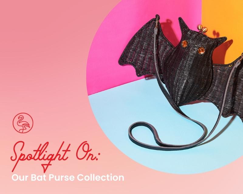 Elizabat bat purse with background text: Spotlight On: Our Bat Purse Collection