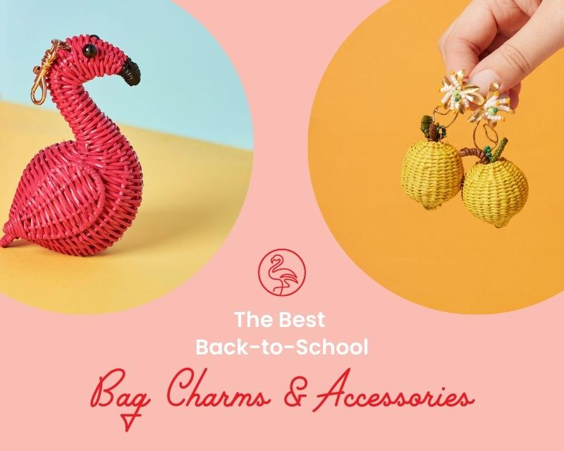 A pink flamingo bag charm and citrus stud earrings with text: The Best Back-to-School Bag Charms & Accessories on a light peach background