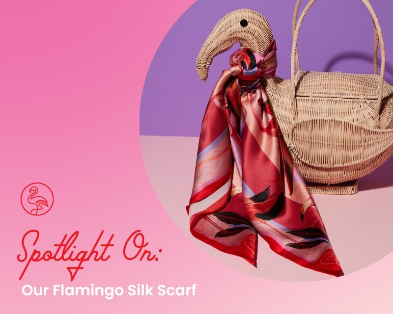 Wicker Darling's flamingo silk scarf tied around DIY flamingo purse's neck 