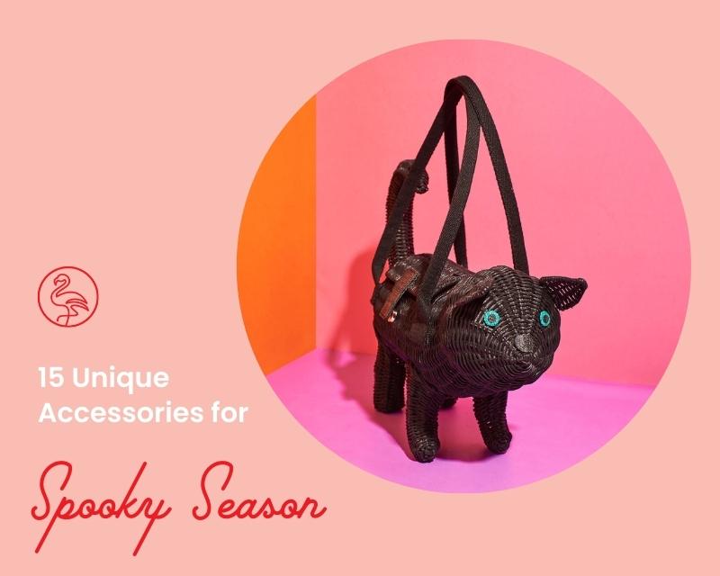 Wicker Darling black cat purse with background text: 15 Unique Accessories for Spooky Season