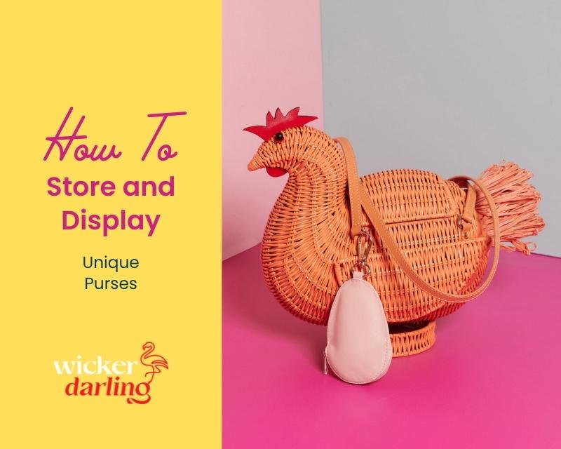 Wicker Darling's Heather Hen with Egg Coin Purse with text overlay: How To Store and Display Unique Purses