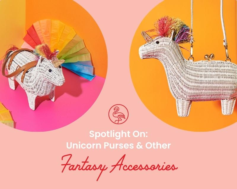 Wicker Darling's unicorn purse and unicorn clutch with background text: Spotlight On: Unicorn Purses & Other Fantasy Accessories