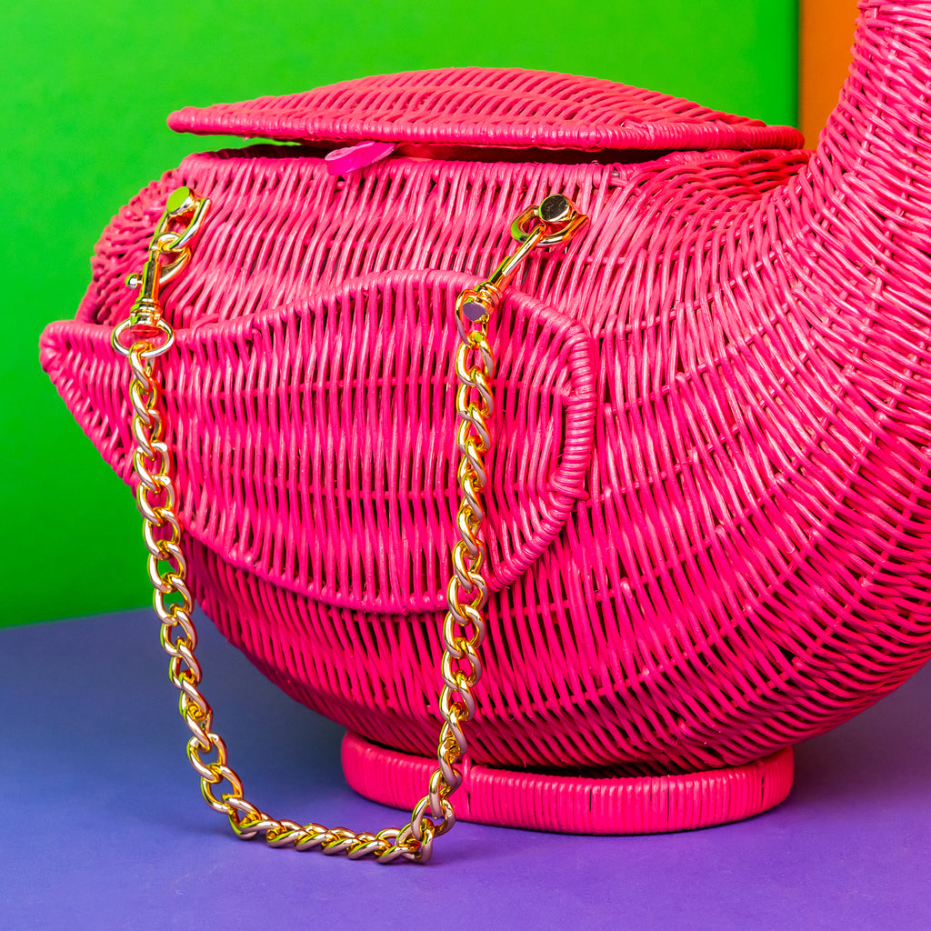 Wicker darling Andes the flamingo bag sits in a colourful background.