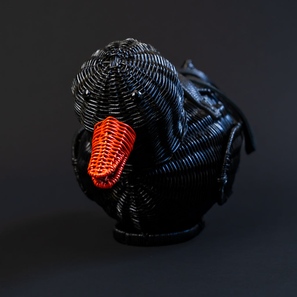 Black woven duck with an orange beak on a dark background