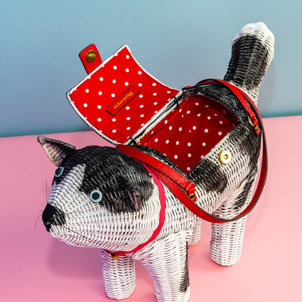Wicker Darling Usugumo black and white cat shaped purse wicker handbag sits with red detailing in a colourful baackgorund.