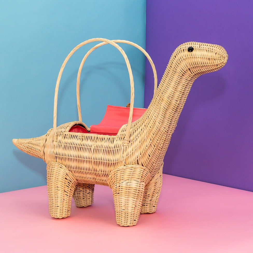 Wicker darling DIY brontesaurus handbag wicker purse sits in a colourful background