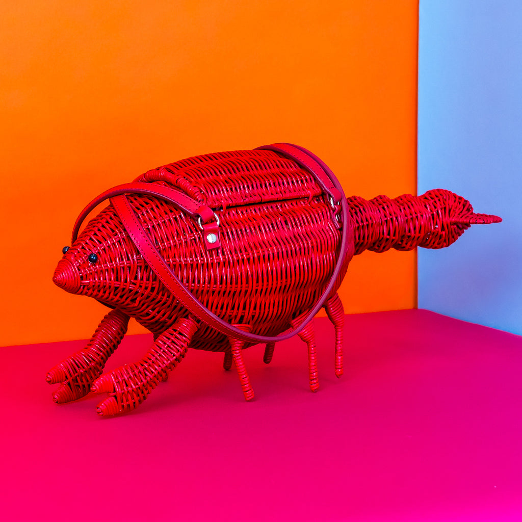 Wicker darling Leonardo Da Pinchy lobster handbag lobster shaped purse sits in a colourful background.