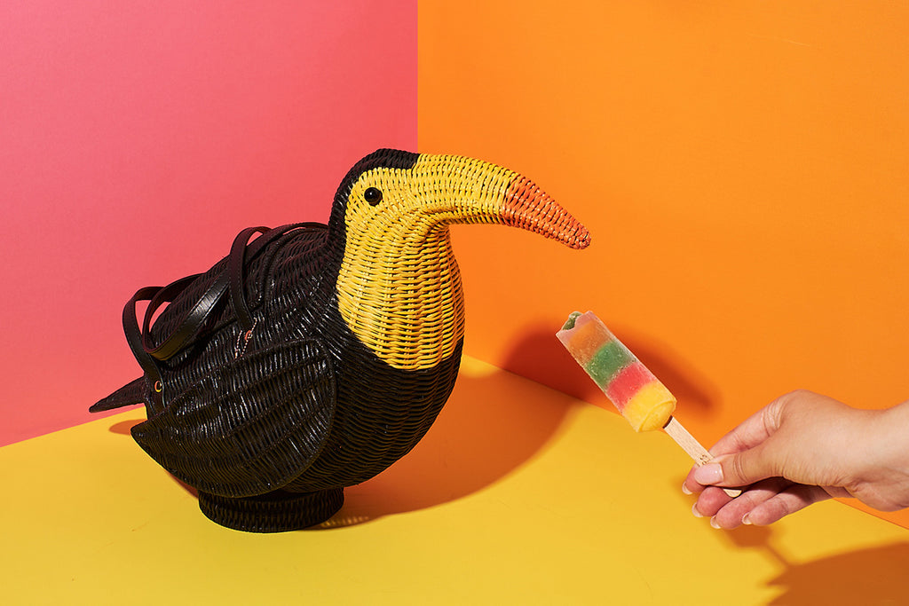 A black toucan with a yellow face and orange beak has been made into a wicker handbag by label Wicker Darling. The large purse features black leather handles and sits in front of a pink, orange and yellow wall while being offered an iceblock.