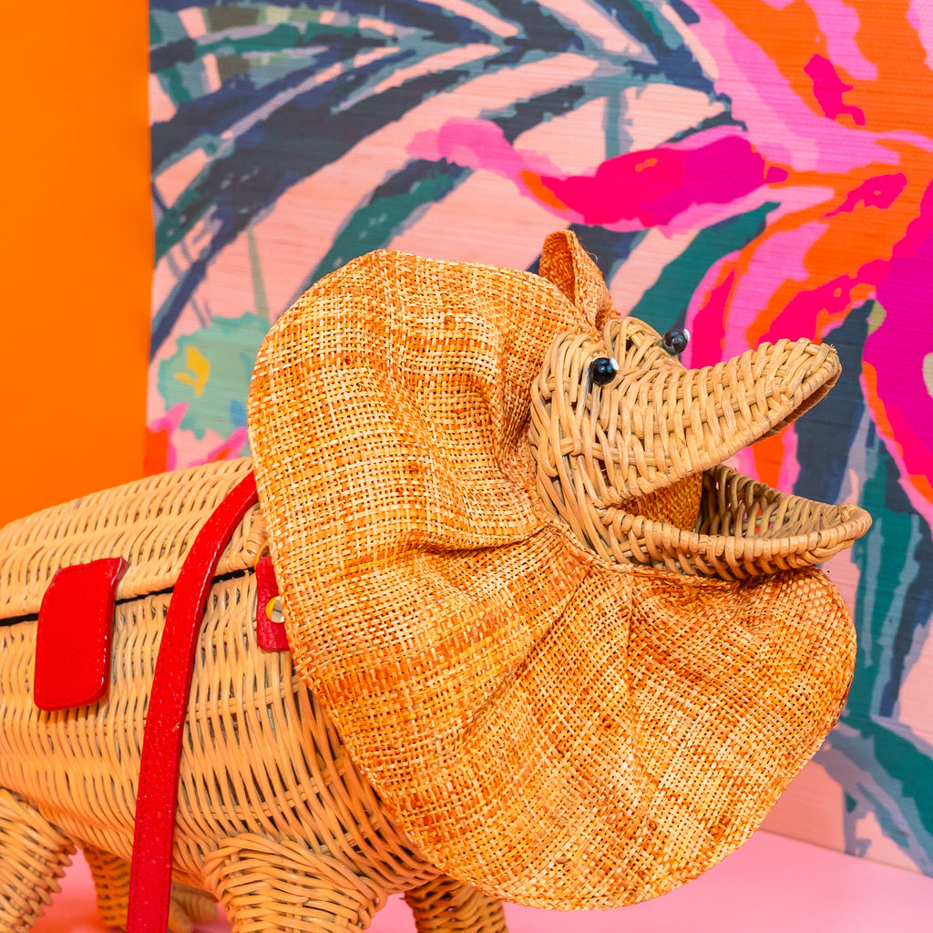 Wicker darling Priscilla Frillneck Wicker Lizard purse lizard handbag sits in a colourful background alongside colourful tropical wallpaper.