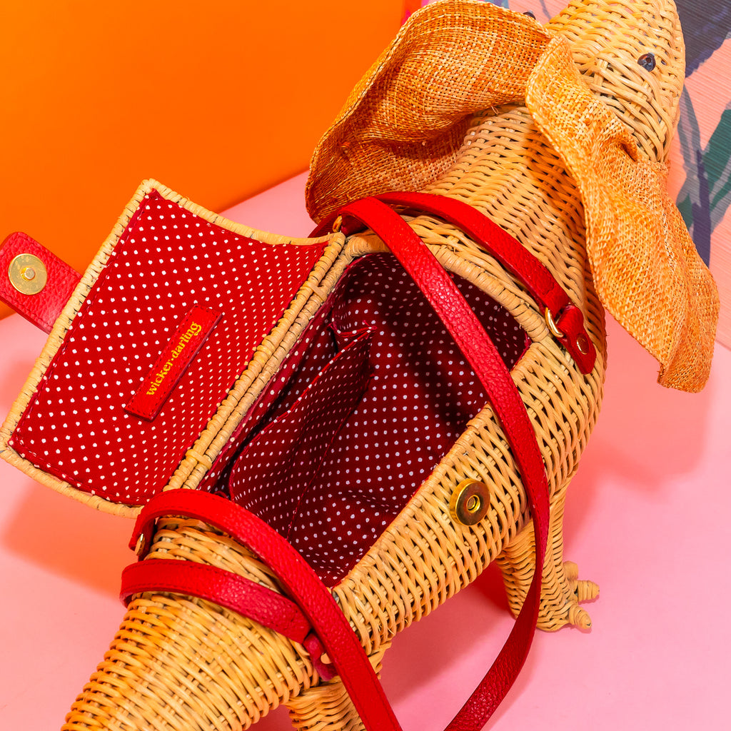 Wicker darling Priscilla Frillneck Wicker Lizard purse lizard handbag sits in a colourful background alongside colourful tropical wallpaper.