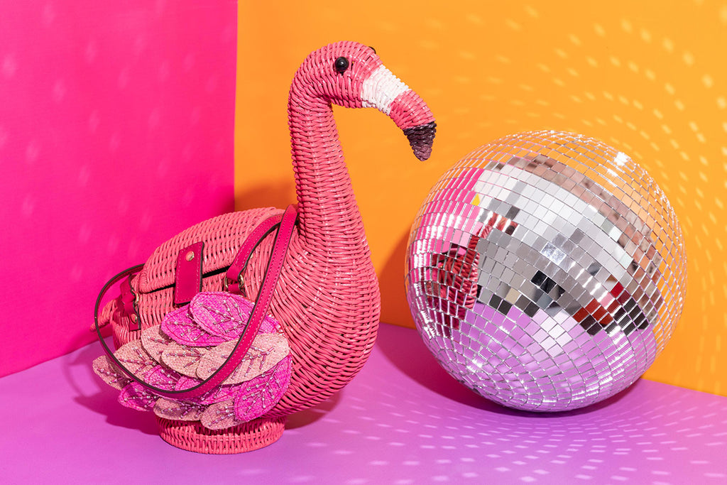 Animal Shaped Purse Wicker Darling Annie the Flamingo wicker handbag purse handbags online Australiasits with a disco ball in a colourful background