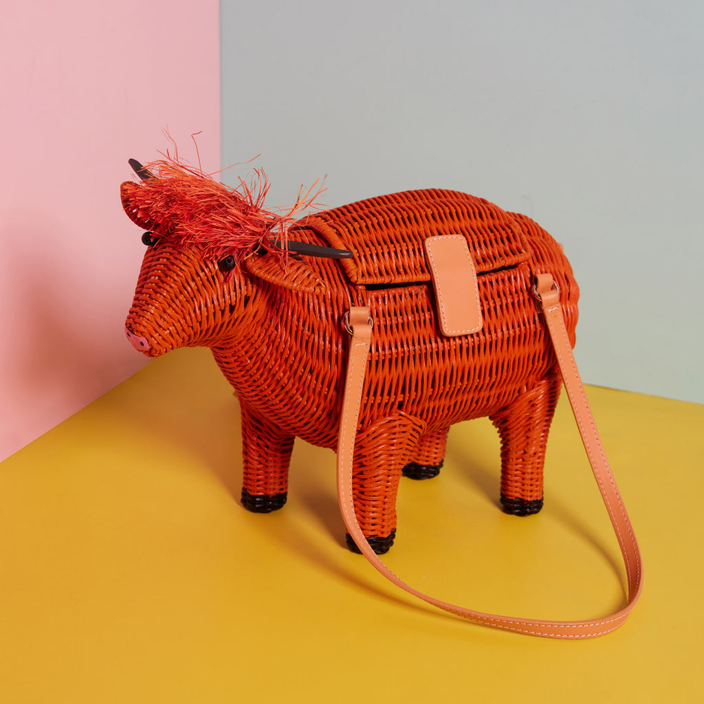 Wicker Darling Skye the highland cow bag sits in a colourful background