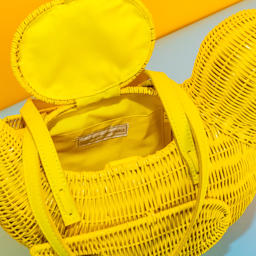 Wicker Darling yellow rubber duck handbag rubber duck purse sits in a colourful background.