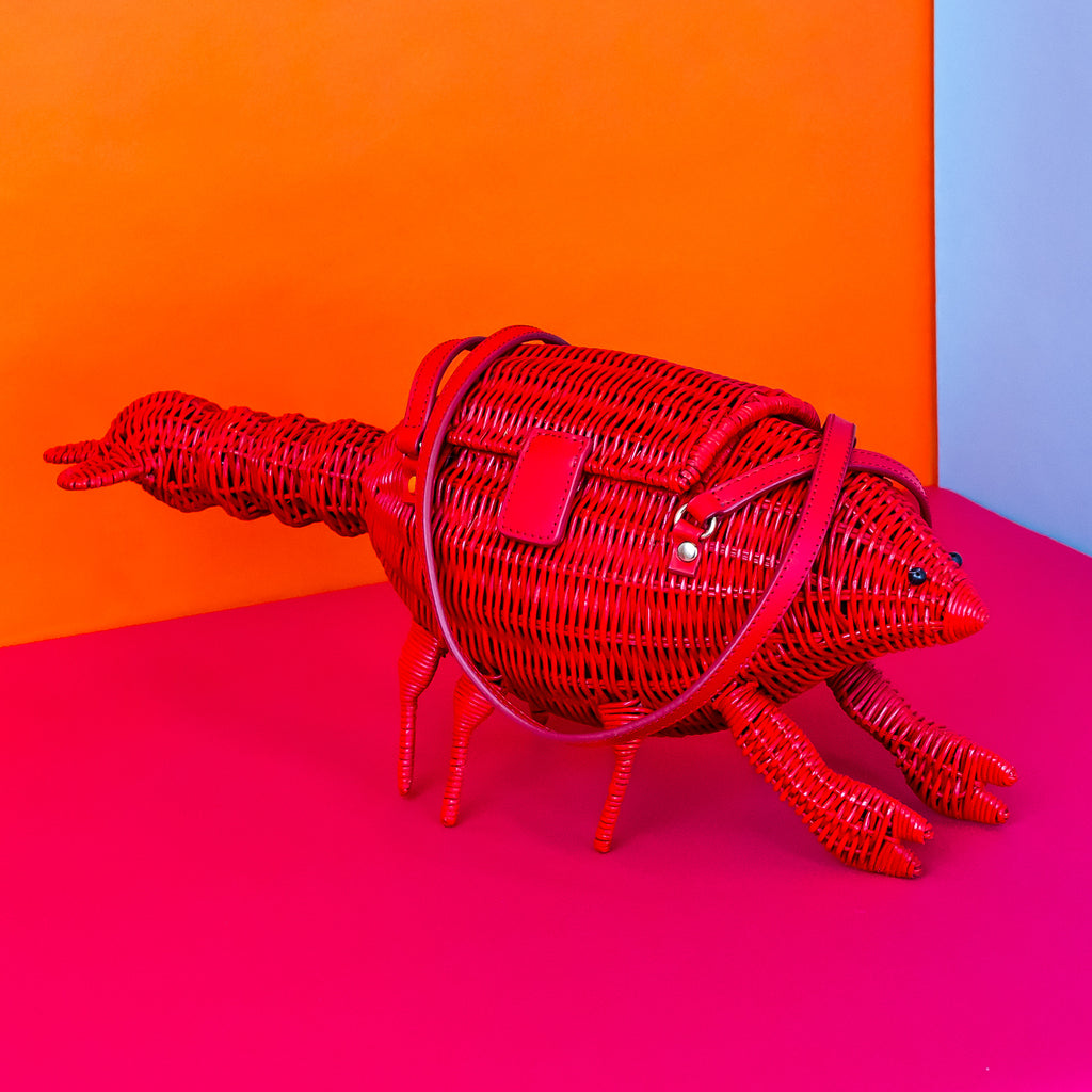 Wicker darling Leonardo Da Pinchy lobster handbag lobster shaped purse sits in a colourful background.