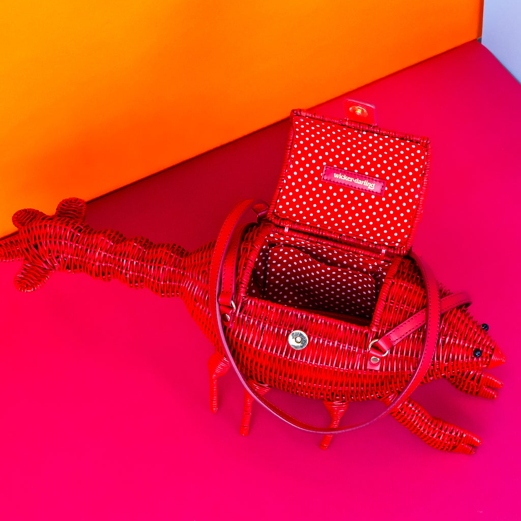 Wicker darling Leonardo Da Pinchy lobster handbag lobster shaped purse sits in a colourful background.