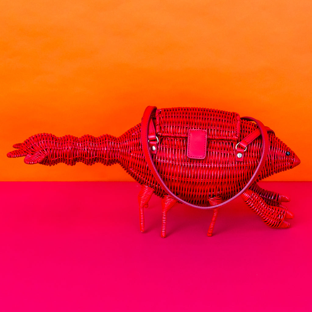 Wicker darling Leonardo Da Pinchy lobster handbag lobster shaped purse sits in a colourful background.