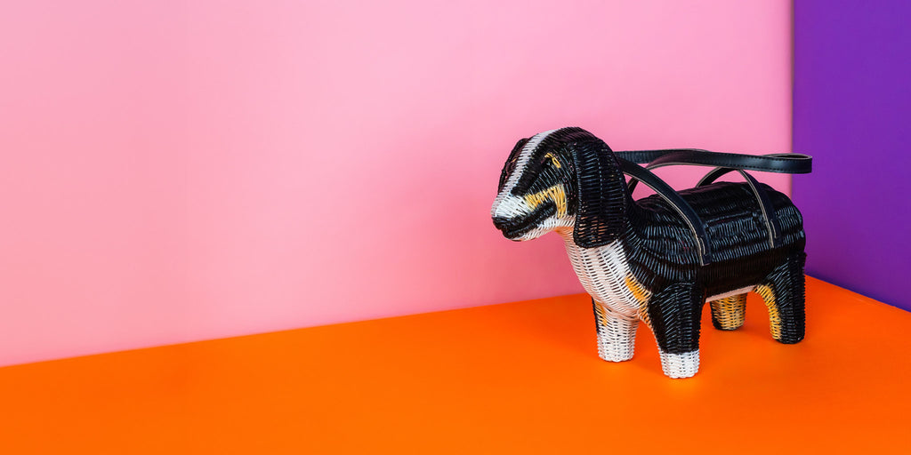 Wicker Darling snag the midi sausage dog purse stands in a colourful background.