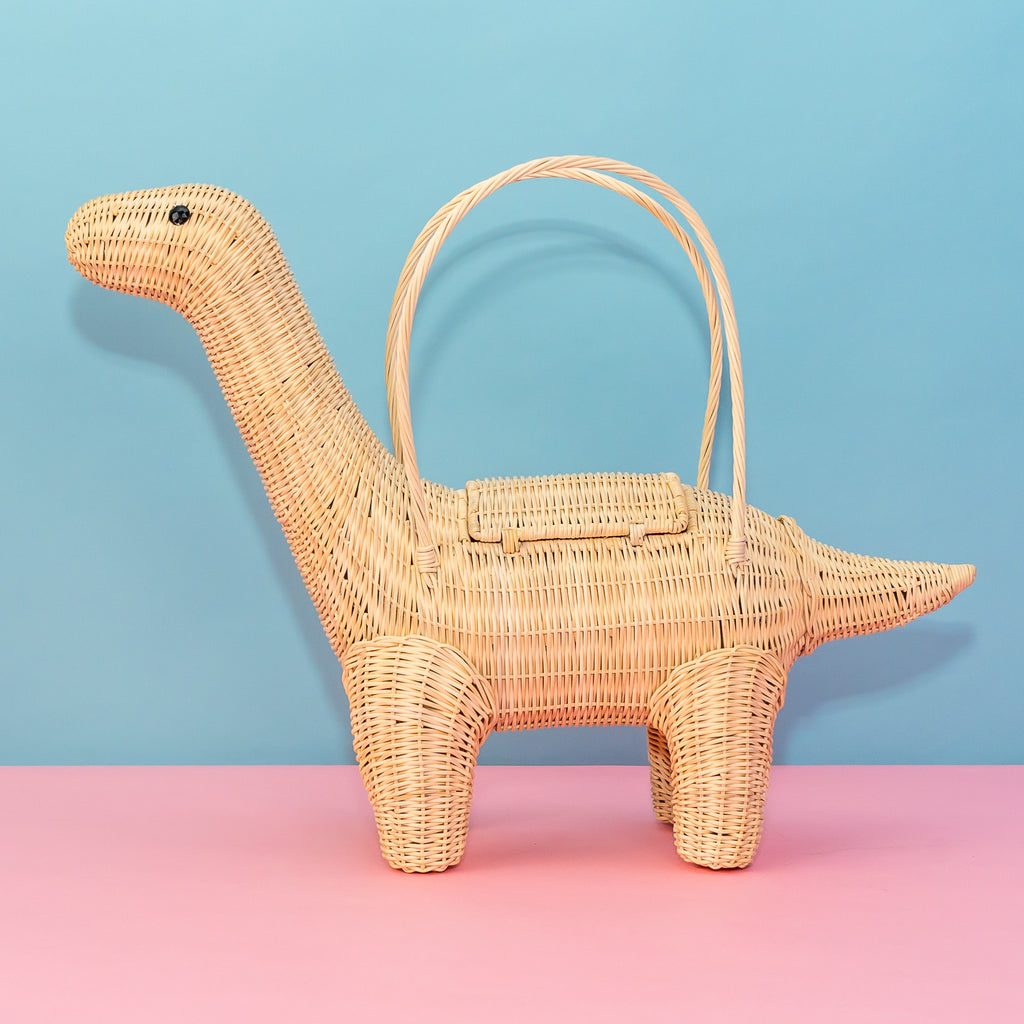 Wicker darling DIY brontesaurus handbag wicker purse sits in a colourful background