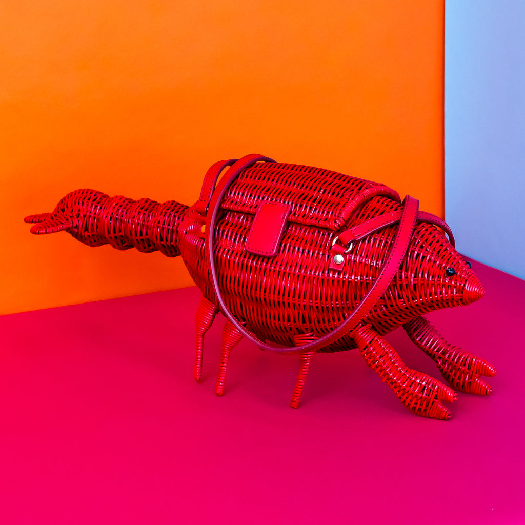 Wicker darling Leonardo Da Pinchy lobster handbag lobster shaped purse sits in a colourful background.