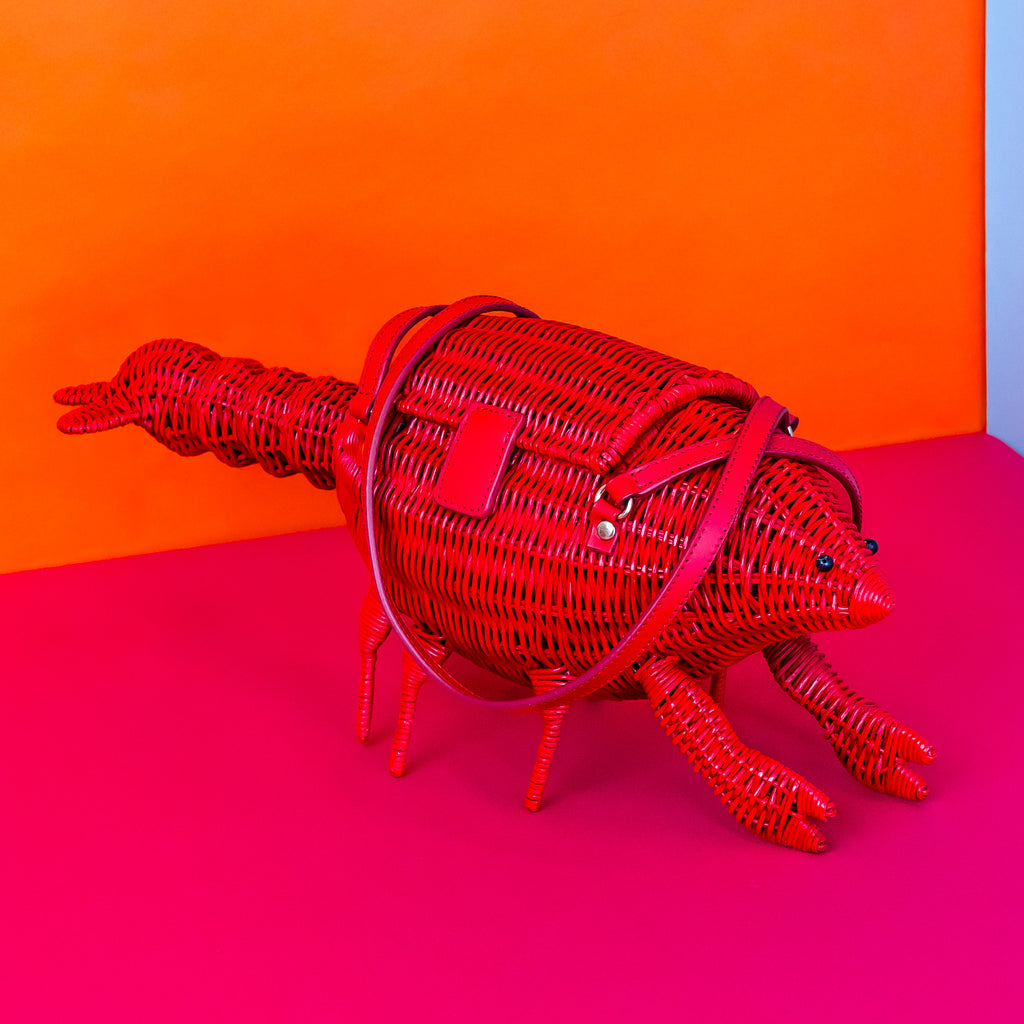 Wicker darling Leonardo Da Pinchy lobster handbag lobster shaped purse sits in a colourful background.