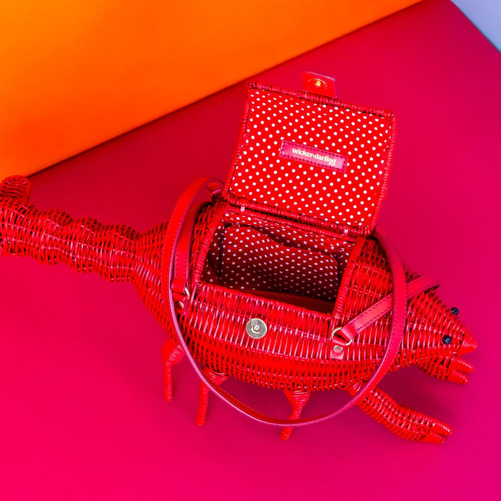 Wicker darling Leonardo Da Pinchy lobster handbag lobster shaped purse sits in a colourful background.