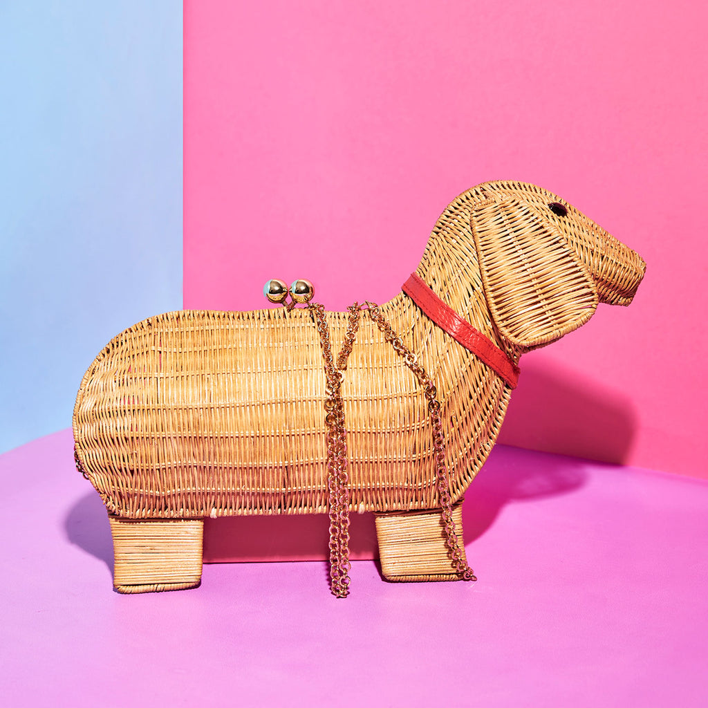 Wicker darling tan sausage dog bag tan dachshund on a colourful background