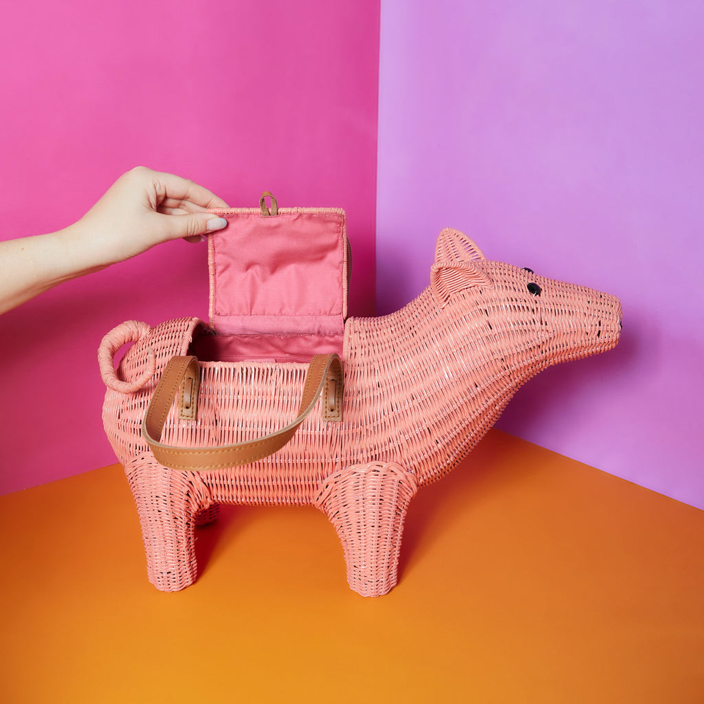 Wicker Darling ham bag pig purse sits in a colourful background