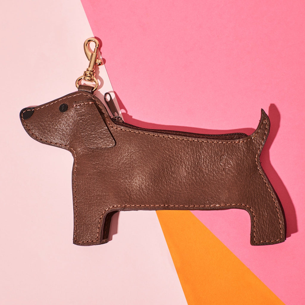 wicker darling Brown leather sausage dog coin purse
