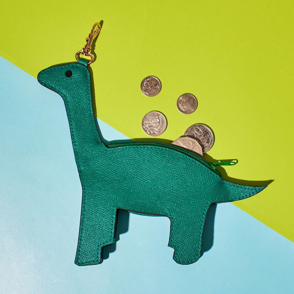 Wicker Darling green dinosaur coin purse sits in a colourful background