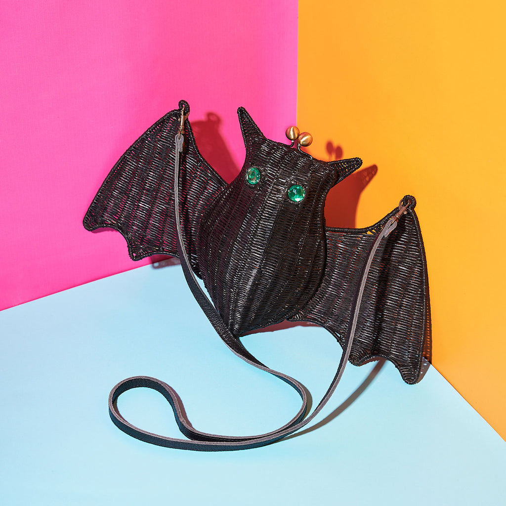 Wicker Darling batholomew bat purse cute bat handbag in a colourful background