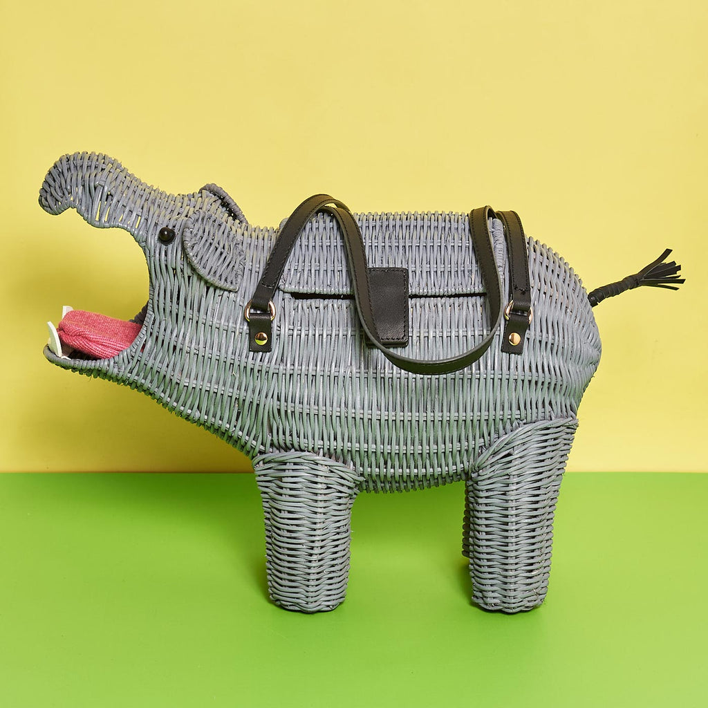 Wicker Darling hippolyta the hippo handbag for sale hippo handbag sitting in a colourful room