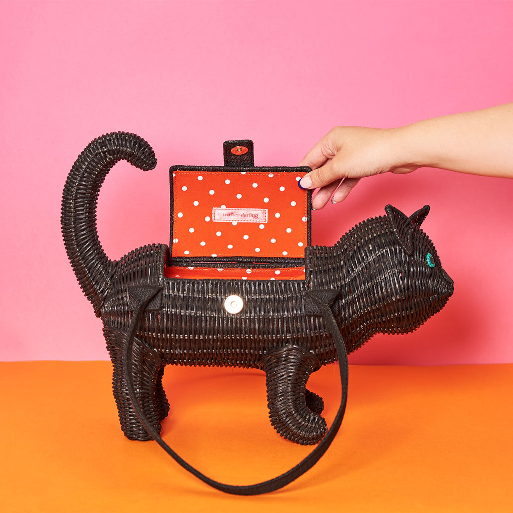 Wicker darling cat purse black cat bag in a colourful room